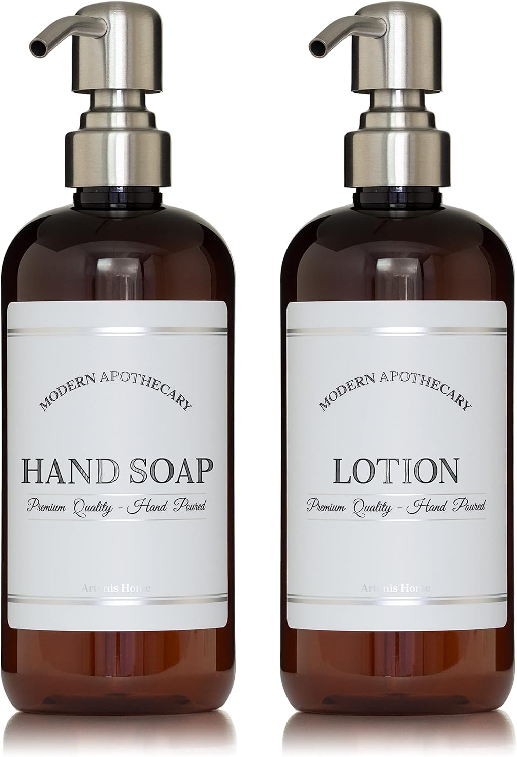 Amber Refillable Hand Soap and Lotion Dispenser Set for Bathroom Sink - PET Plastic Pump Bottles with Labels for Soap and Lotion - Waterproof Labels - 16 oz, 2 Pack (Stainless Steel)