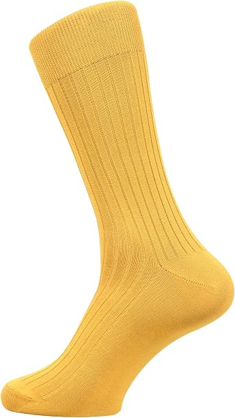 BALENZIA Mens Classic Solid Colored Formal Crew/Calf Length Rib Socks | Designed with Mercerised Cotton Pack of 1 Free Size Mustard