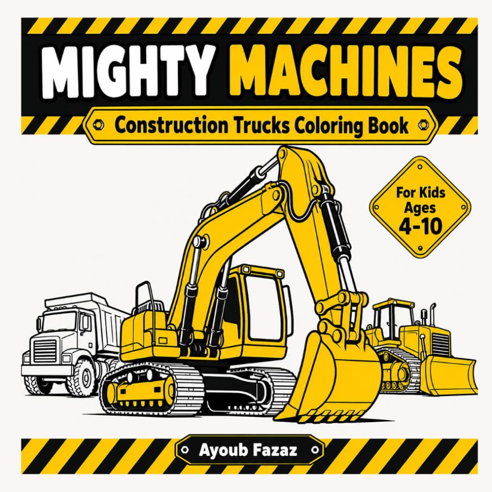 Mighty Machines: Construction Trucks Coloring Book for Kids Ages 4-10 — Color, Learn and Draw 17 Big Machines: Excavators, Diggers, Dump Trucks, Cranes and More
