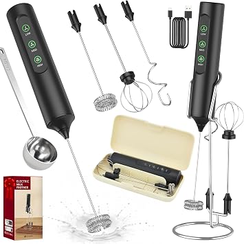 Rechargeable Milk Frother Handheld, 3-Speed Electric Frother Wand with 3 Whisk Heads, Stand & Storage Case, for Latte, Cappuccino, Matcha & Hot Chocolate Black