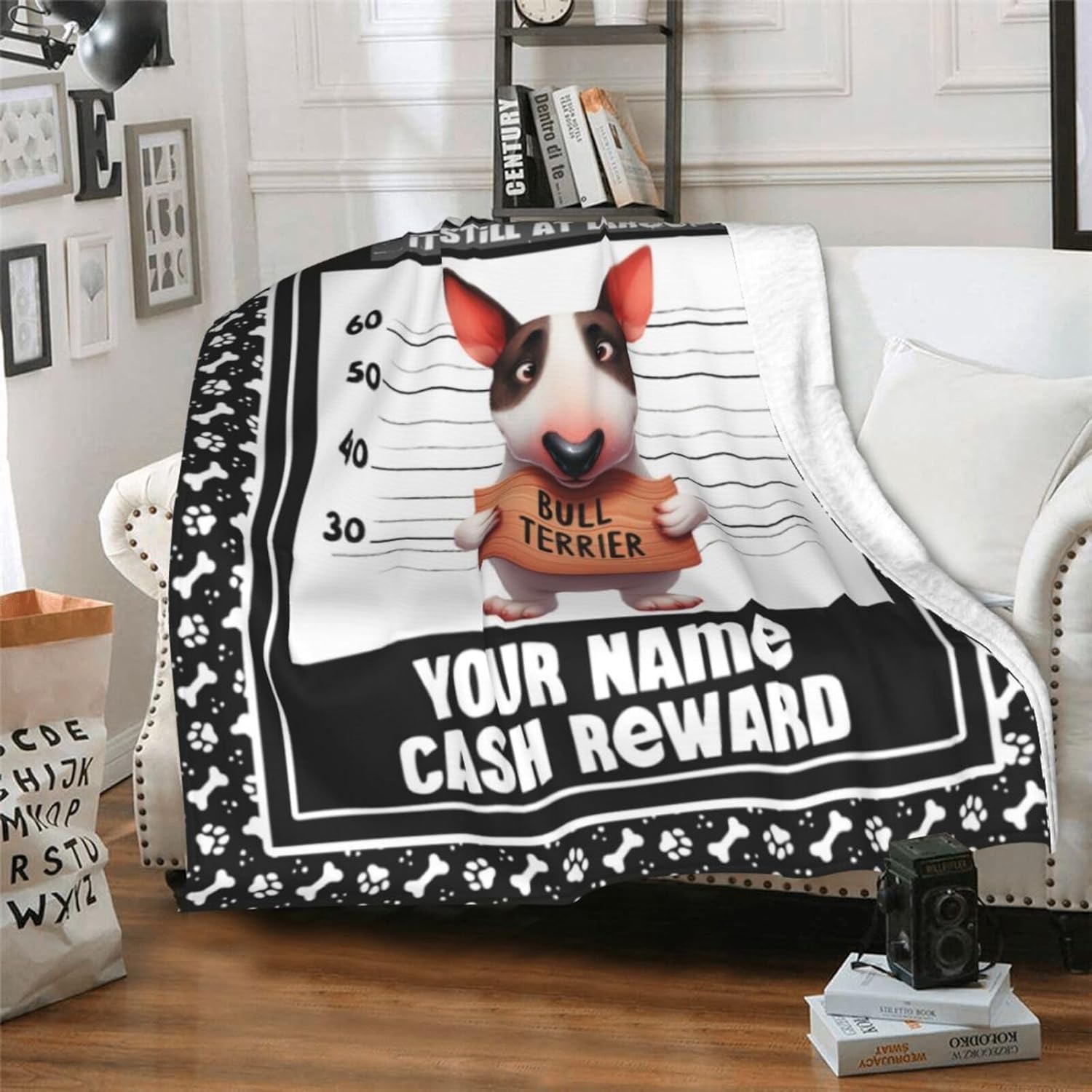 Custom Flannel Bull Terrier Dog Themed Stuffed Throw Blanket, 80" x 60" Soft Nap for Kids, Boys, Girls, Women, Men Bull Terrier Lovers