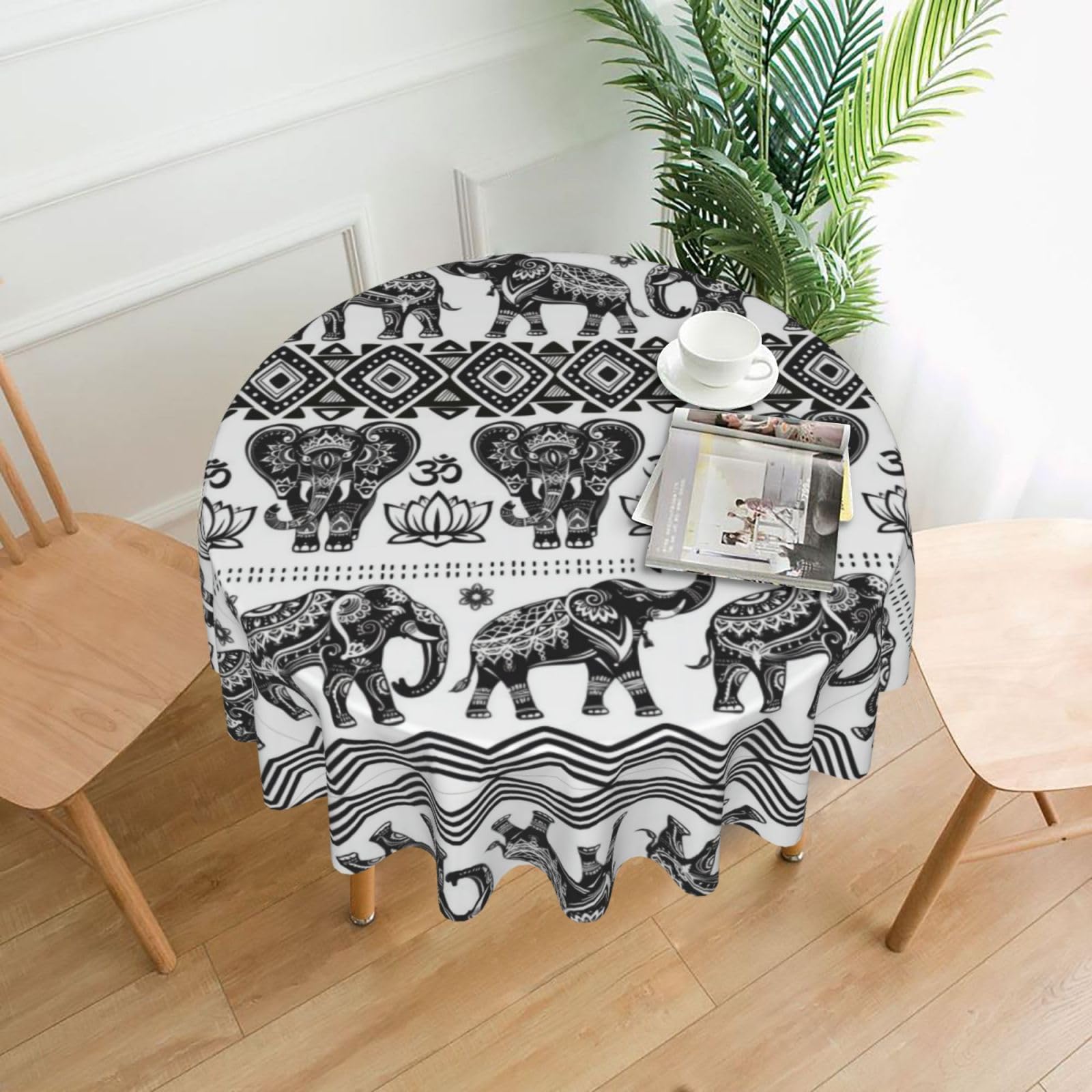 hhxvcv Bohemian Elephant Pattern Round Tablecloth – Dining Table Cover