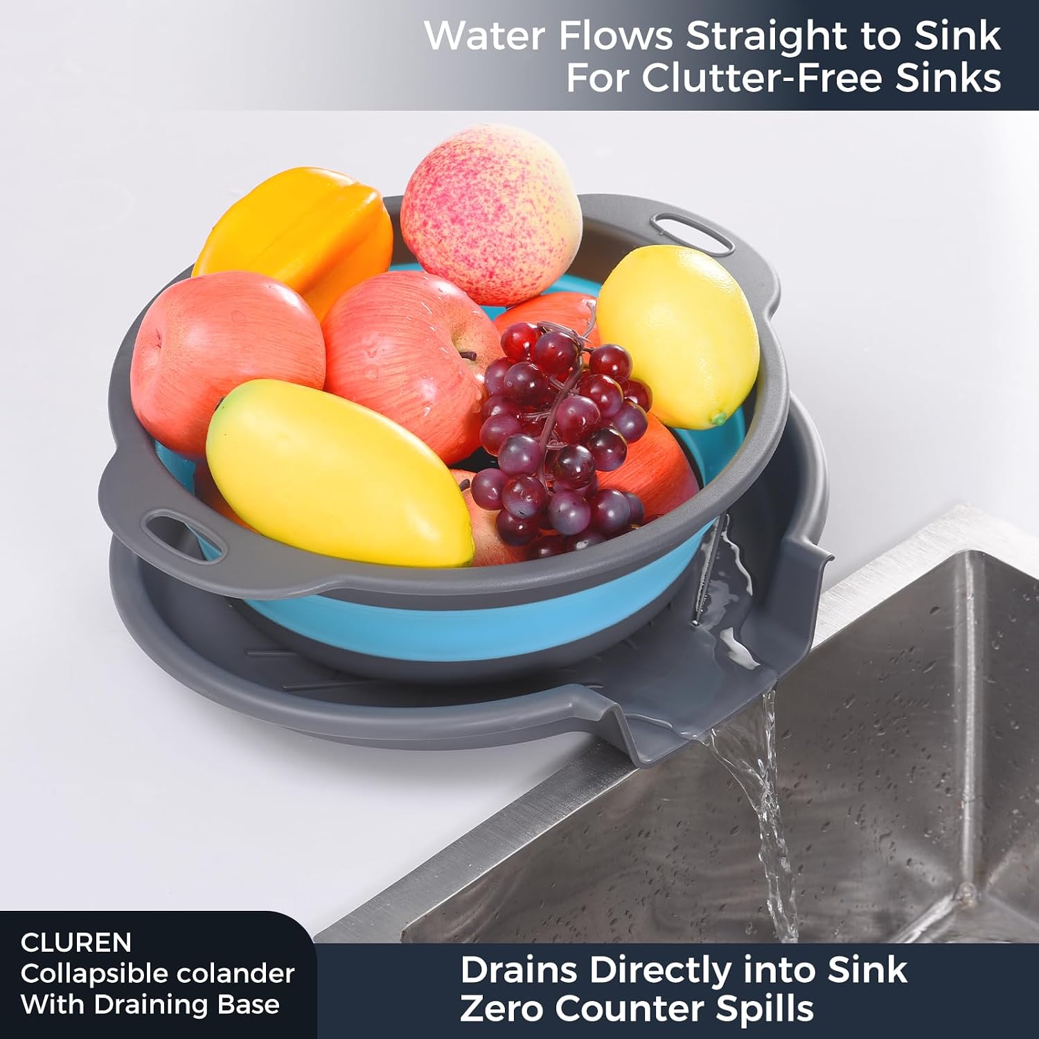 collapsible colander set with oversized draining tray | 3-pack foldable kitchen strainers + base | space saving for pasta, veggies, fruit & rice | 5 colors (gray-blue-red-green)