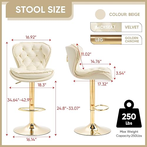 Miniatura 13 de SLEERWAY Juego de 2 taburetes de bar giratorios modernos, sillas de bar de terciopelo para mostrador de cocina, taburetes de bar dorados, taburetes