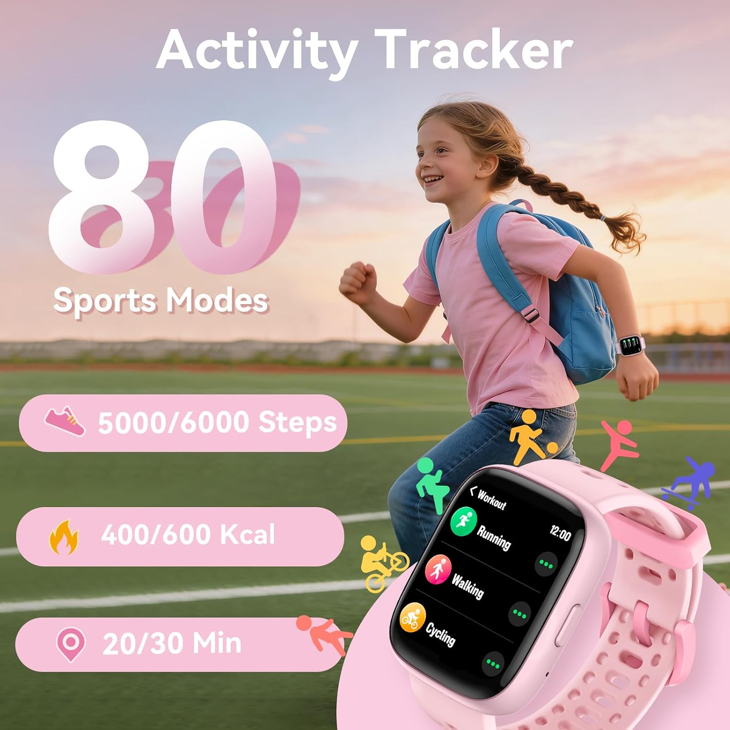 smart watch for kids with find my, 1.83" fitness tracker watch no app no phone needed, pedometer, heart rate, sleep monitor, ip68, puzzle games for girls boys teens 5-16, gift, pink