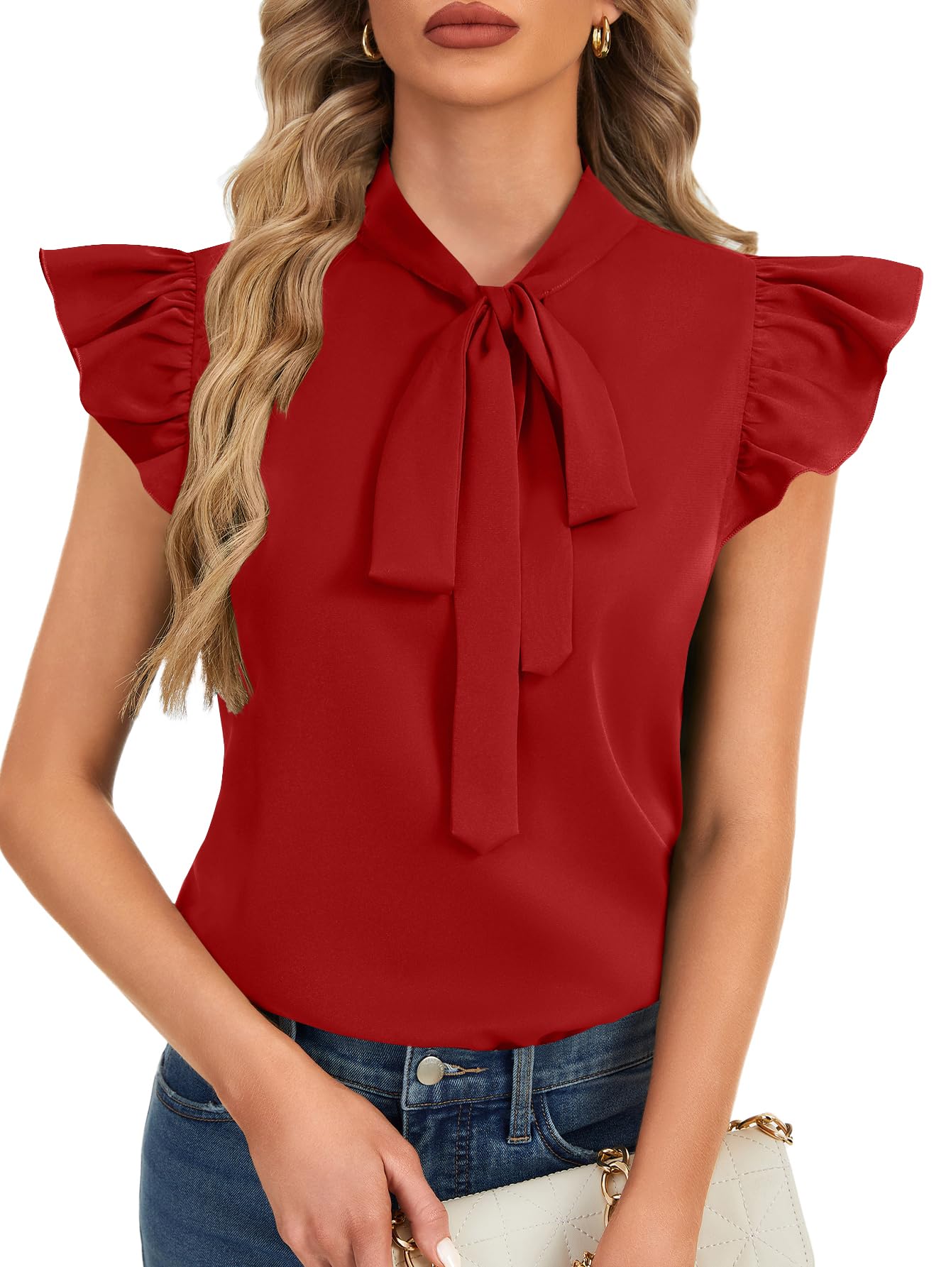 Rooscier Women's Bow Tie Neck Ruffle Cap Sleeve Elegant Office Blouse Shirt Tops