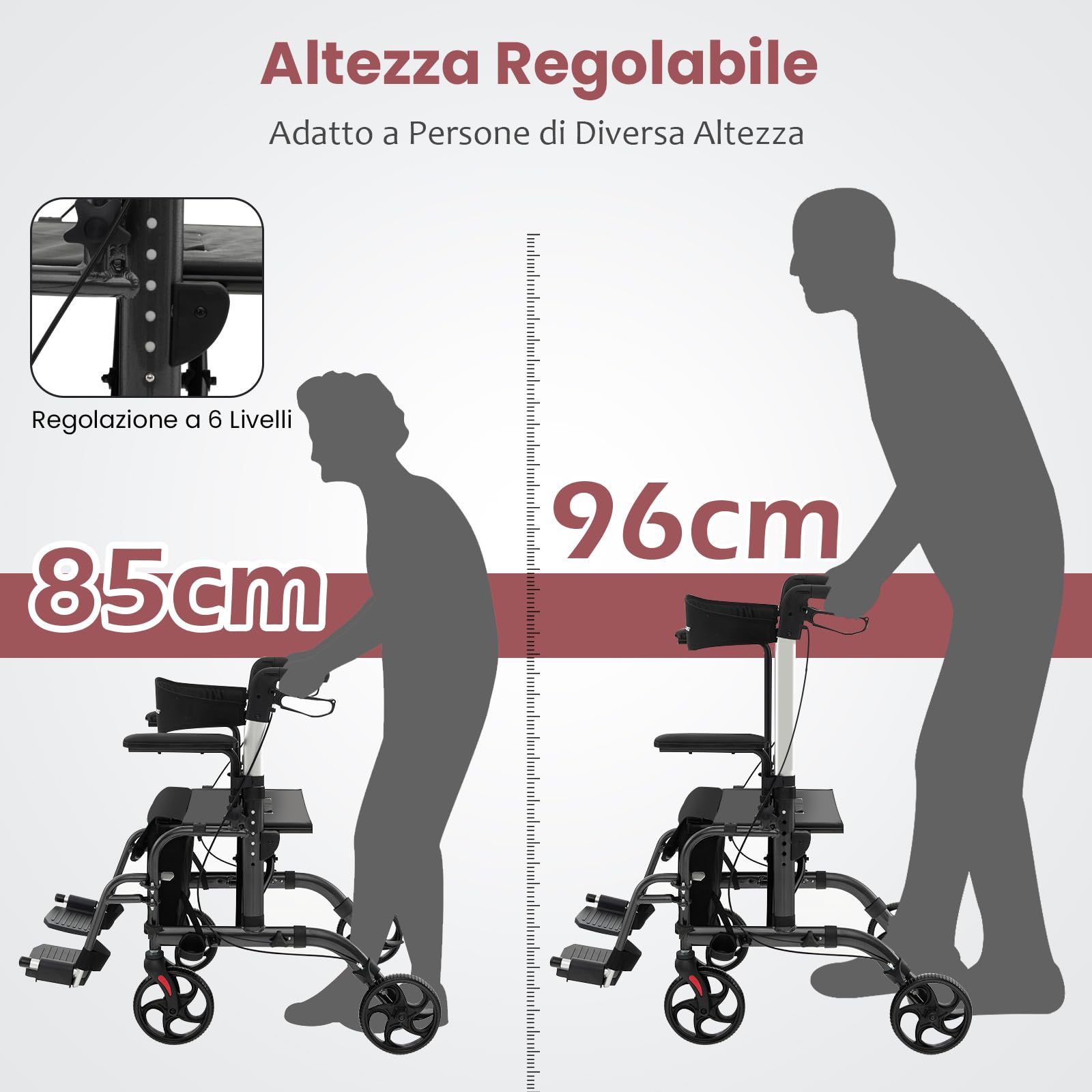 COSTWAY Deambulatore per Anziani Pieghevole con Seduta e 4 Ruote, 2 in 1 Deambulatore e Sedia a Rotelle con Schienale Reversibile, Maniglia Regolabile, Freno a Mano, Porta Ombrello e Borsa (Rosso)