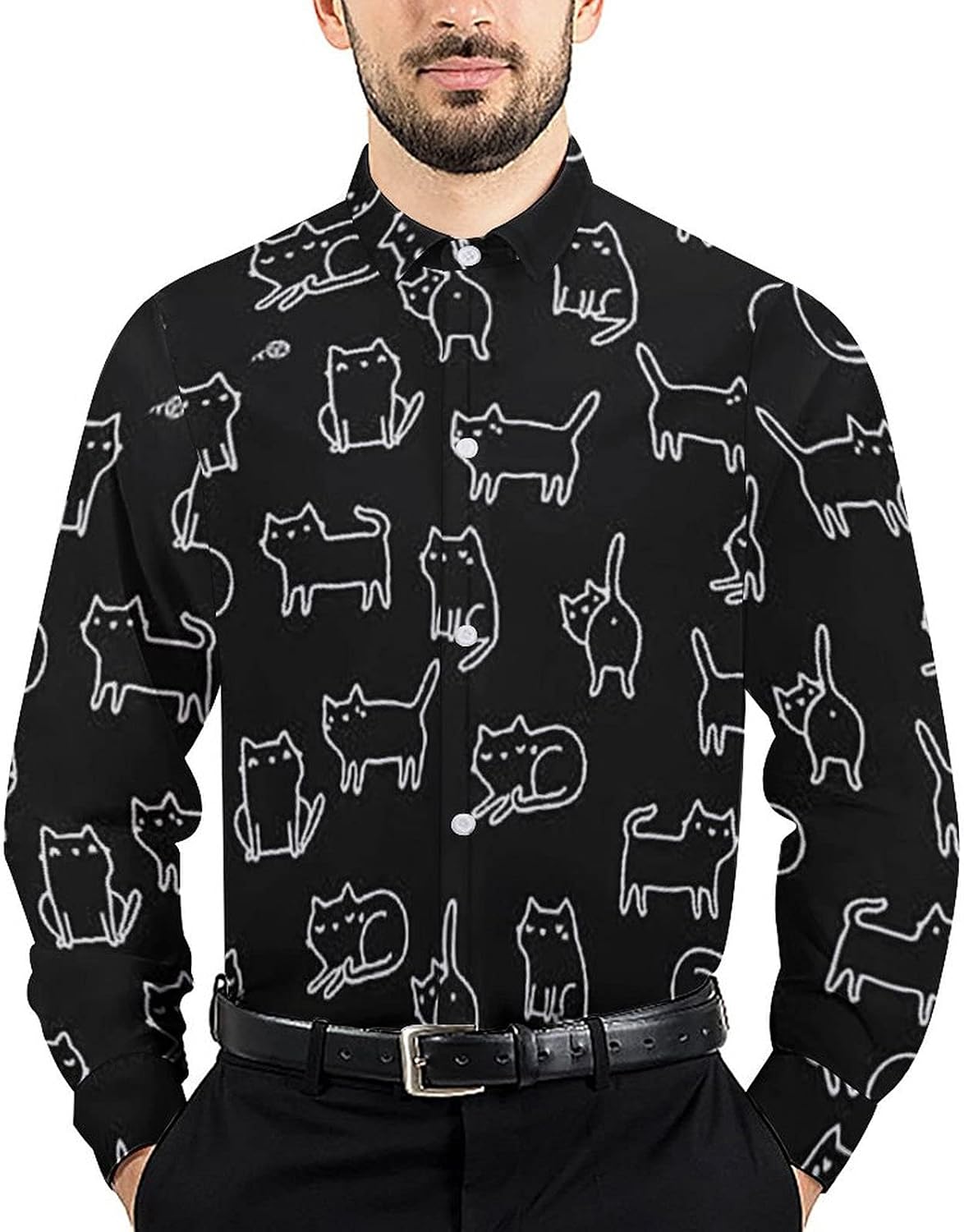 ハワイアンシャツ 黒と白 猫 ネコ柄 メンズ 長袖 シャツ カジュアル 開襟シャツ ワイシャツ プリント オープンカラー アロハシャツ ビーチシャツ おしゃれ ゆったり ワイシャツ ファッション トップス ビジネス 立つ襟 人気 ポロシャツ 海辺 S 5xl Cafe Du Jardin Com