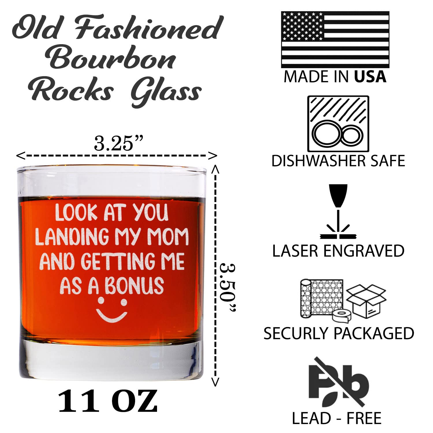 CARVELITA Look At You Landing My Mom And Getting Me As A Bonus 11oz Whiskey Glass - Old Fashion Bourbon Rocks Glass - Bonus Dad Gifts - Birthday Gifts For Stepdad - Stepdad Gifts - Sarcastic Gifts