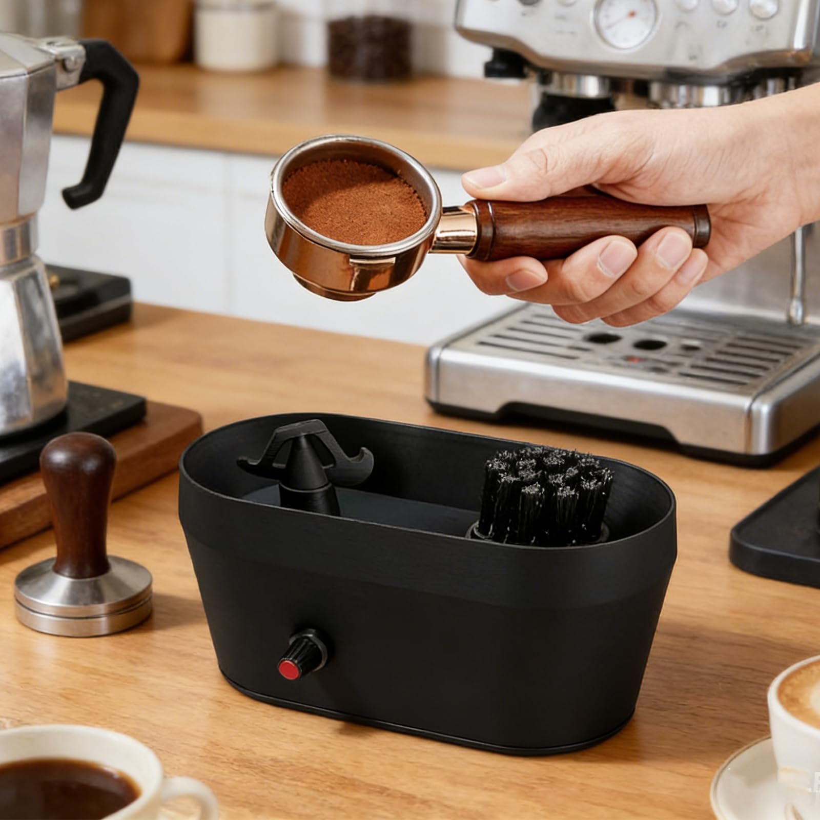 Kit de Nettoyage pour Filtre à Café, 19 x 9,5 x 11cm Nettoyeur électrique Automatique pour Porte-Filtre, Kit de Nettoyage pour Porte-Filtre à Café, Support pour Nettoyage à Expresso pour Le Nettoyage