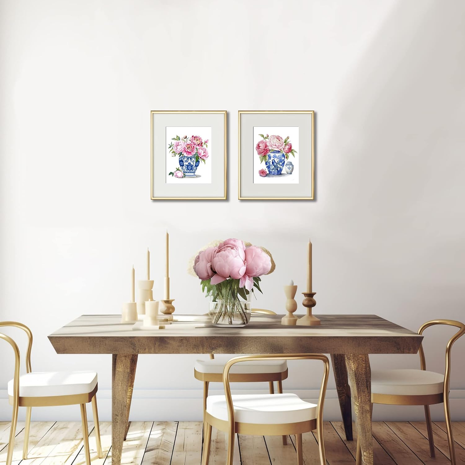 Gnosis Picture Archive Ginger Jar Blue White Chinoiserie Motifs with Pink Peony Bouquet Watercolor Paintings Set of 2 Unframed Art Prints