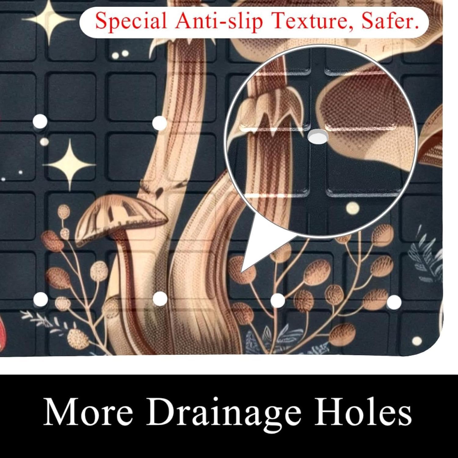 Vintage Froest Mushroom Retro Dark Pattern Bath Tub and Shower Mats, Non Slip Bathmat with Drain Holes and Suction Cups for Bathroom Floor, 15.1 x 26.8 Inch