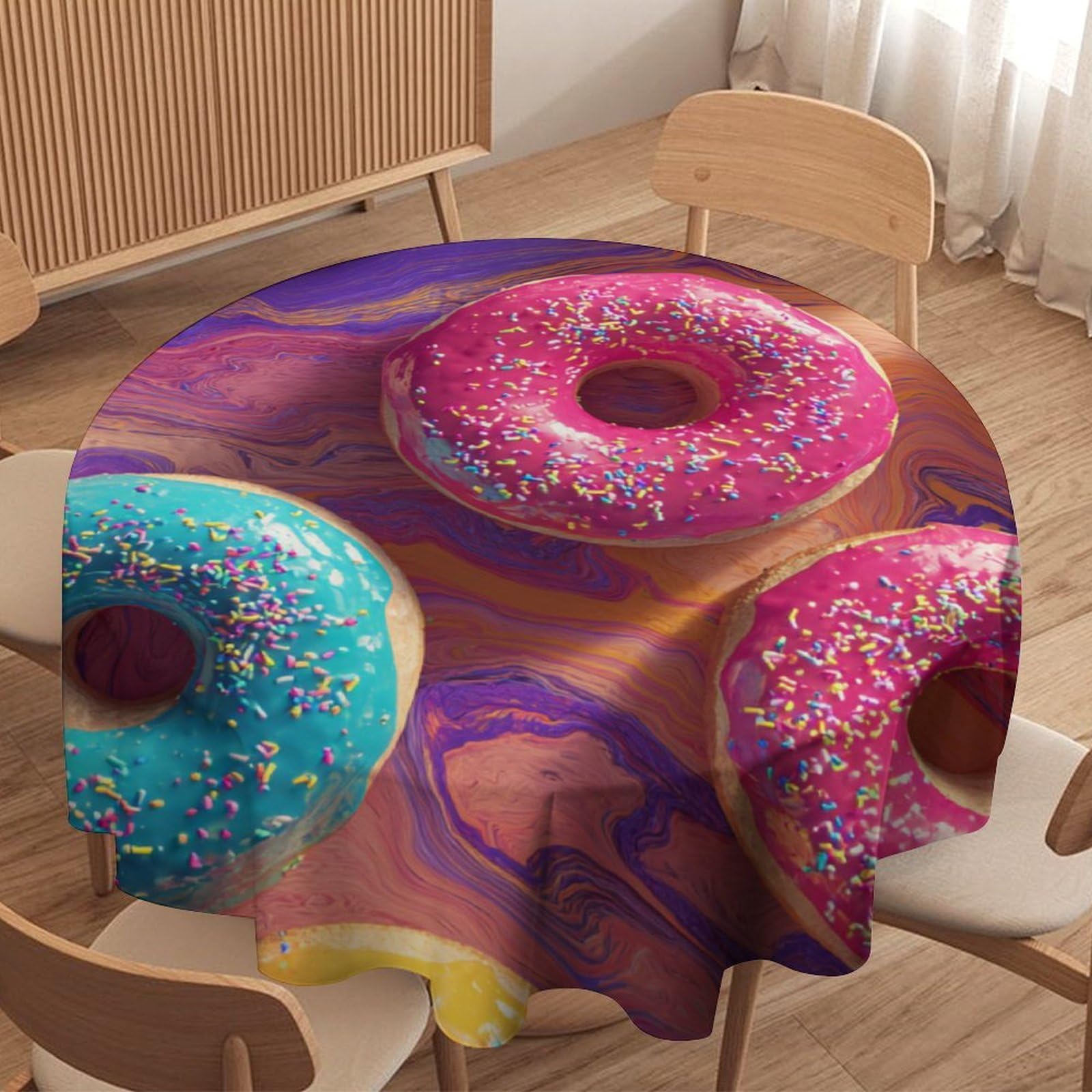 LUYYSKY Funny Realistic Colorful Donut Round Tablecloth Minimalist Aesthetic Sweets Food Theme Donuts Pattern Washable Decor for Table Cover for Kitchen-177.8" Wx177.8 L cm