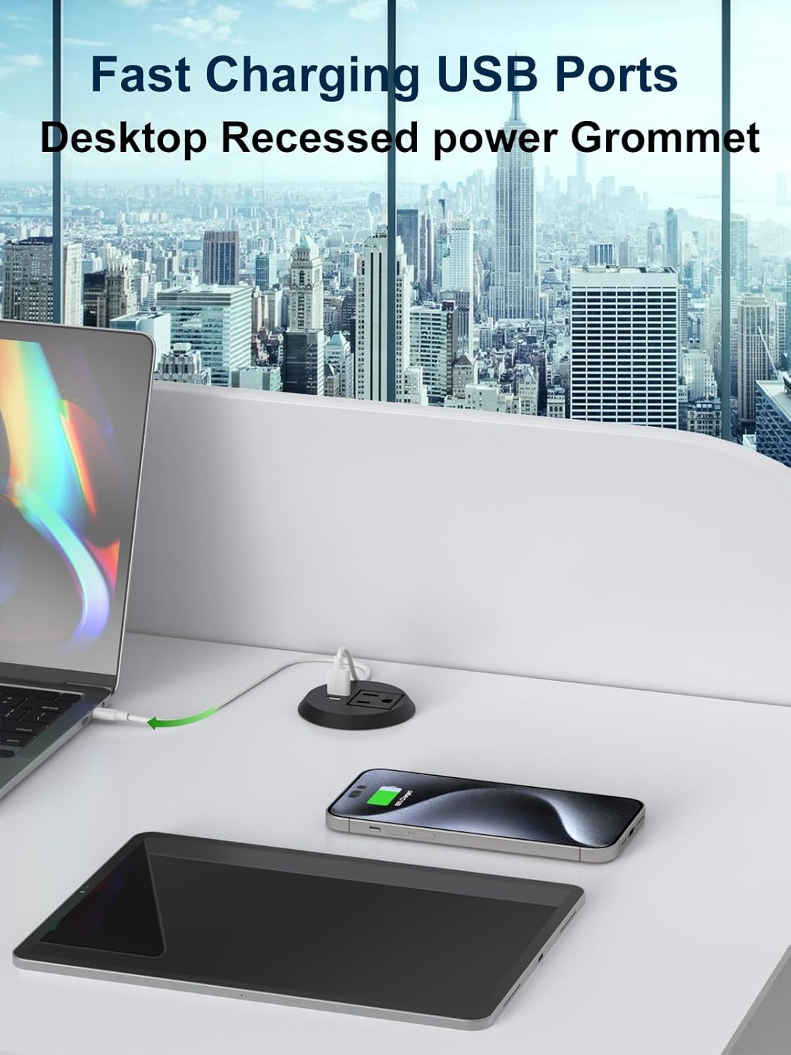Desktop Power Grommet 2inch with PD 20W Fast Charging USB C Port,QC3.0 USB-A Port ETL Listed Conference Recessed Power Outlet Grommet for Office Home Nightstand Kitcheng,6ft Extension Cord (Black)