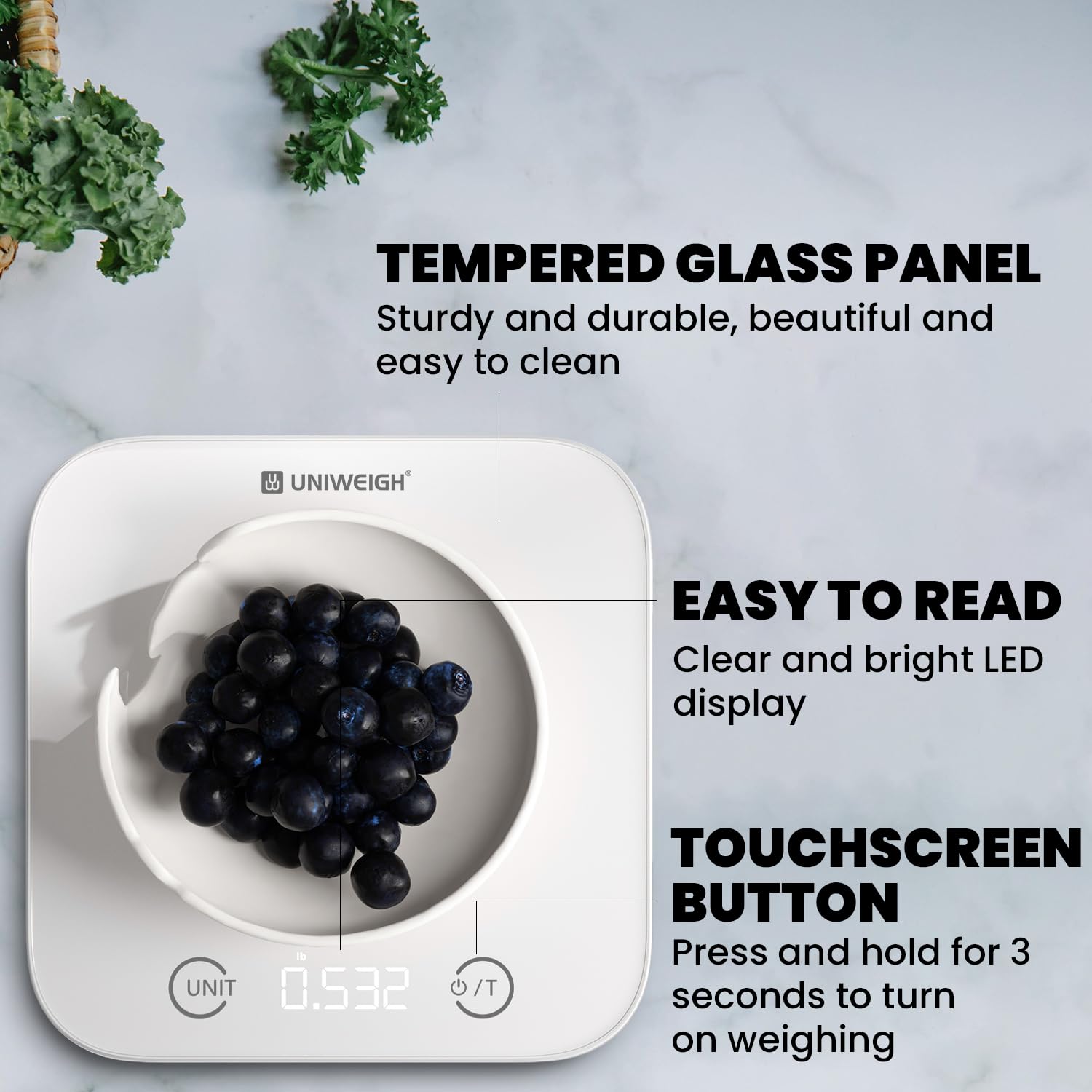 UNIWEIGH Kitchen and Bathroom Bundle-Digital food scale for Ounces and Grams11lb,Slim body weight Scale 400lb,Tempered glass,touch button LCD display,Precise Weight Measuring and Portion Control,white