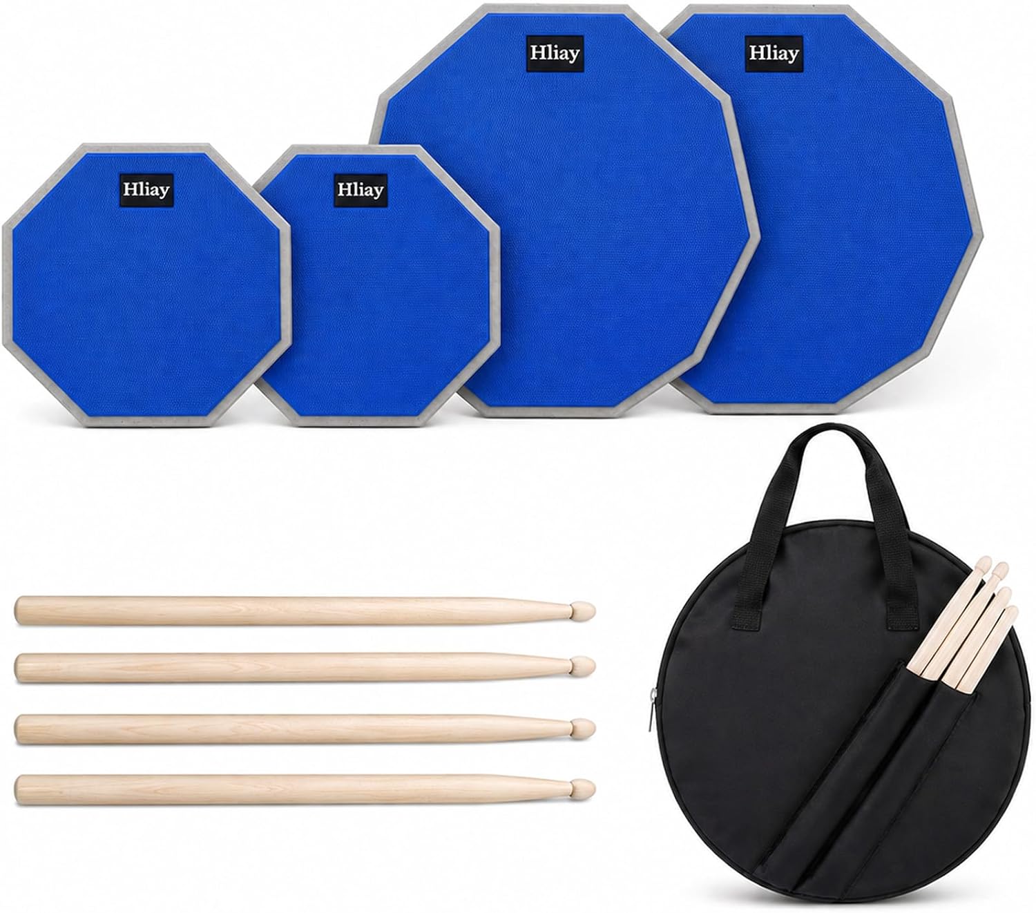12 Inch + 8 Inch Double Sided Silent Drum Practice Pad Set, Professional Rubber Snare Drum Pad with 2 Pairs 5A Nylon Tip Drum Sticks, Portable Travel Drumming Accessories for Beginners & Adults (Gray)