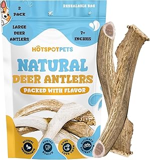 hotspot pets Premium Deer Antlers for Dogs - 7+ Inch Large Antler Dog Chews (2 Pack) Made in USA - Naturally Shed Antler Bone for Large Breed Aggressive Chewers - Promotes Dental Hygiene