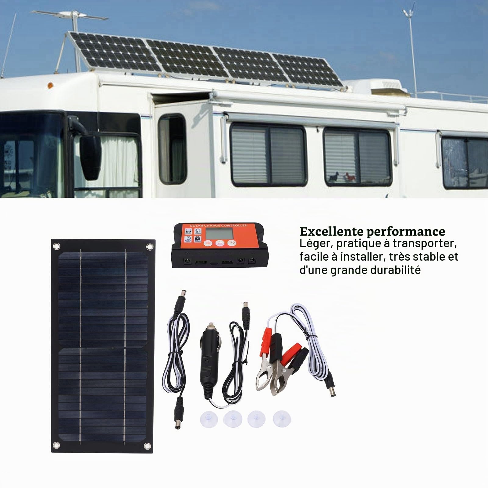 Fockety Kit Panneau Solaire 600W, contrôleur de Charge 12V 24V 100A au Silicium monocristallin avec câble d'extension, Station d'énergie Portable pour RV, Bateau, système Hors-réseau.