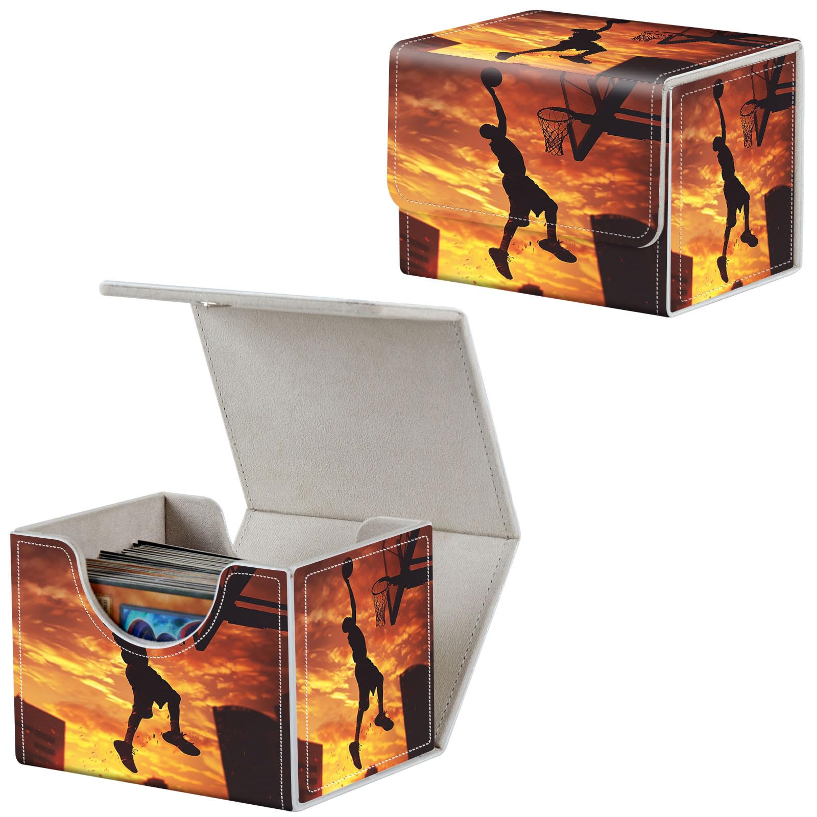 Qindaiwen Card Deck Box for MTG, Fits 100+ Single Sleeved Cards, PU Leather Trading Card Storage Box for TCG, CCG, MTG Cards, Strong Magnet Magic Gathering Deck Box, Basketball Player