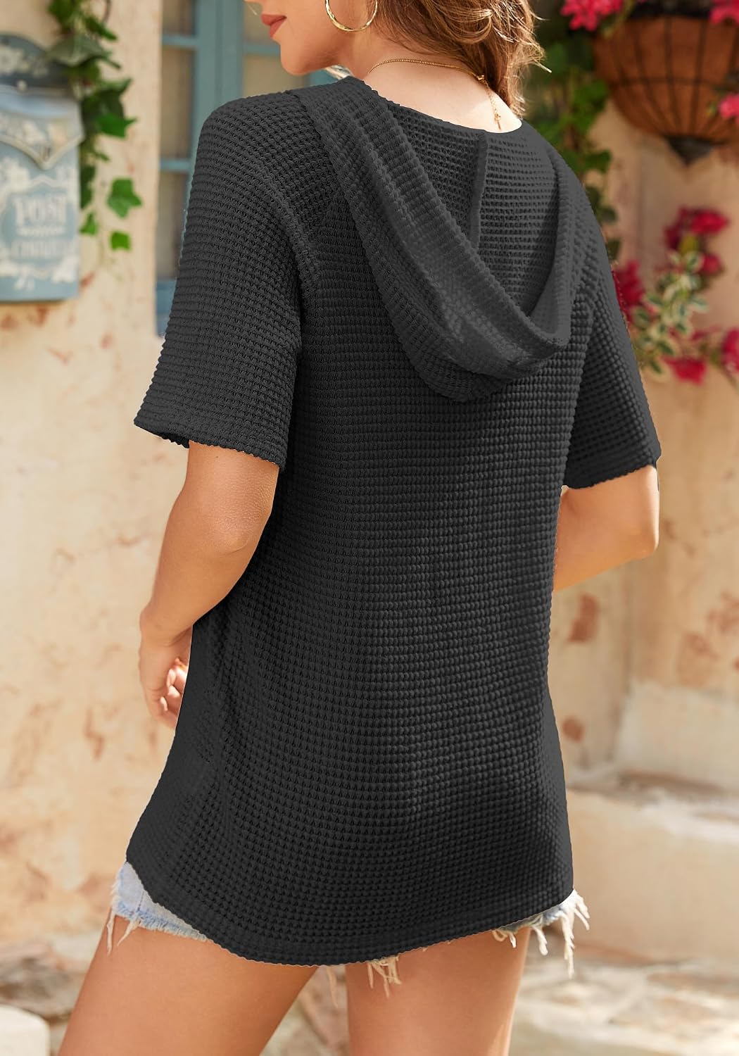 Dimur Hoodies for Women Oversized Waffle Knit V-Neck Summer Top Casual Drawstring Hooded Pullover Sweatshirt image 3