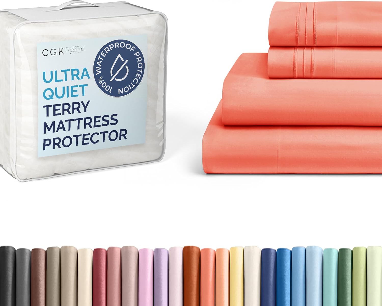 CGK Unlimited Queen Size 4 Piece Coral Sheet Set + Queen Size Terry Mattress Protector