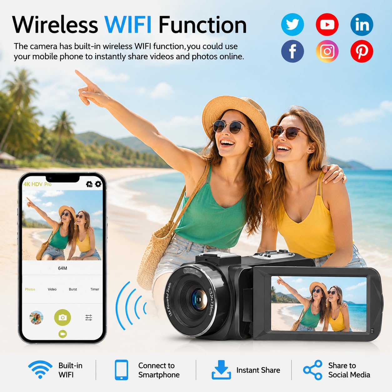 Caméra vidéo 8K 48 MP pour YouTube, zoom numérique 18x, écran tactile 3" WiFi, microphone externe, lumière de remplissage, télécommande, carte SD 32 Go, 2 piles