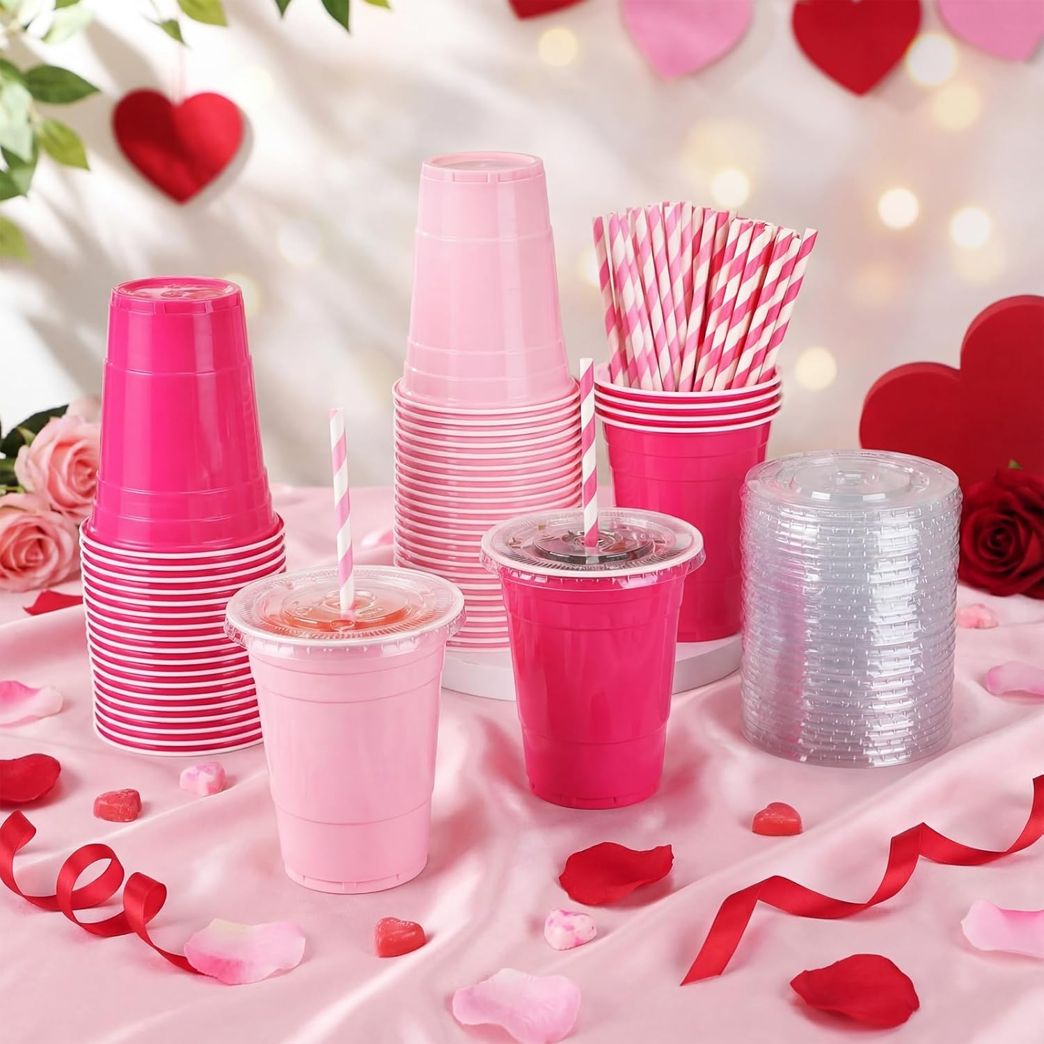50 Set Valentine's Day Plastic Cups with Lids and Straws 16 oz Pink Fuchsia Disposable Beverage Drinking Cups for Wedding Birthday Bachelorette Party - Image 4