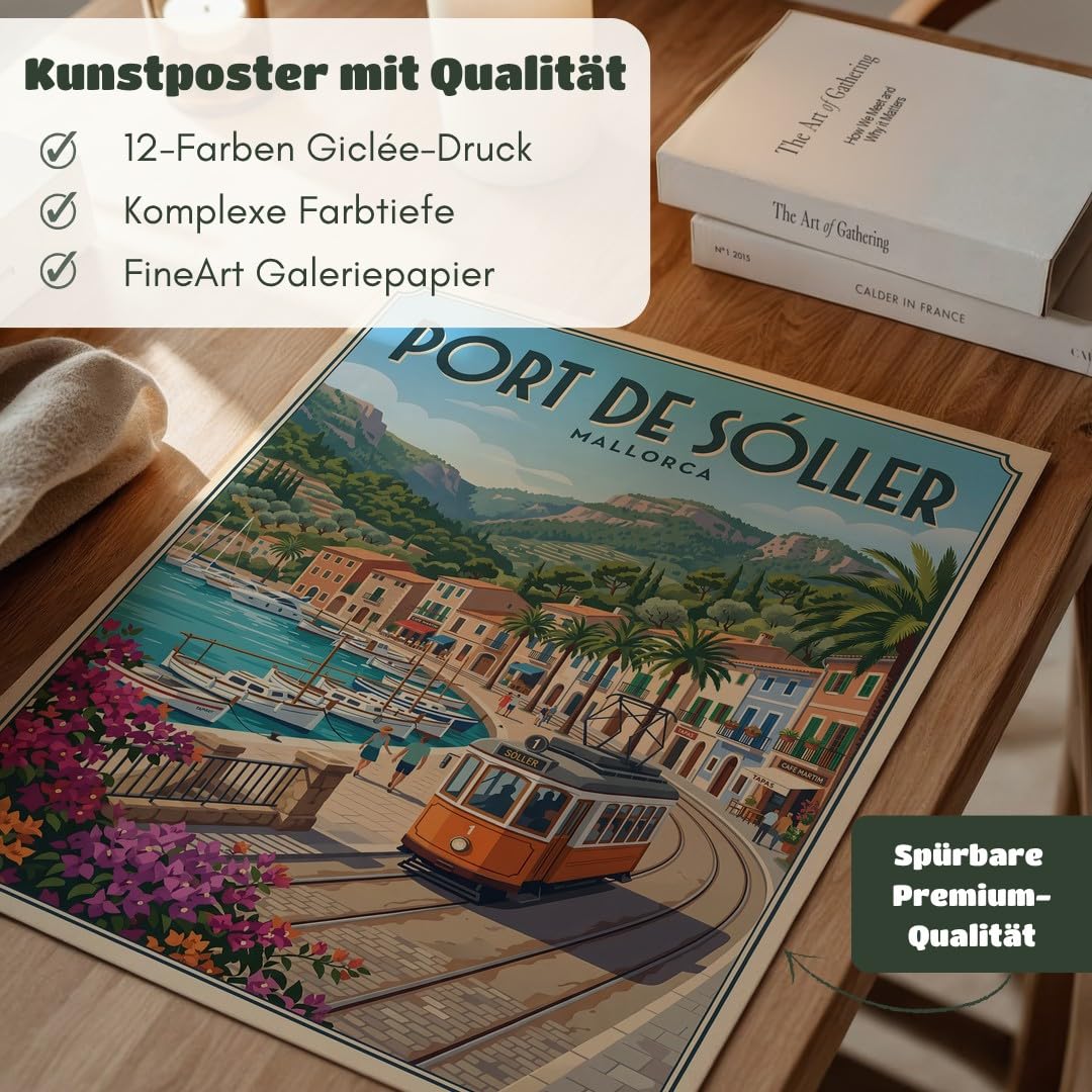MJ-GRAPHICS® Wandbild Hafen Tram Poster Port Soller Kunstdruck mediterran Bilder Landschaft Deko Sommer Stadtbild Palmen Wanddeko Wohnzimmer Retro Vintage 50x70 mit weißem Rahmen
