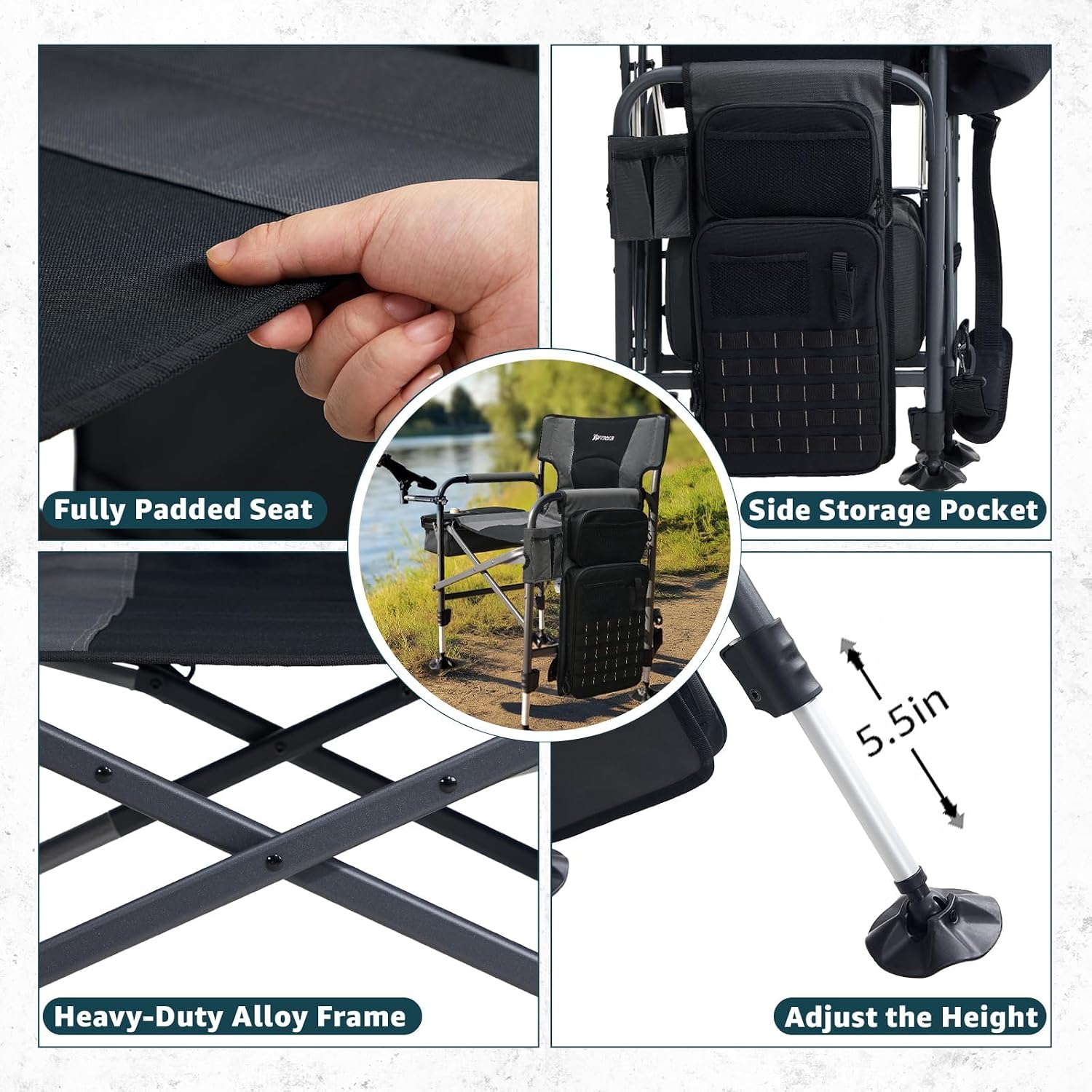 X Strike 2 Pack Fishing Chairs with Rod Holder, Folding Ice Fishing Chair for Adults Outdoor Camping Chair Leg Adjustable with Cooler Bag and Storage Bag for Camp, Lawn, Patio, Garden (Black)