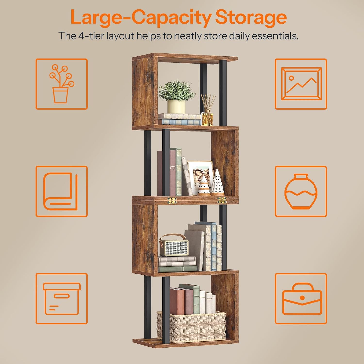 HOOBRO 5-Tier Bookshelf, S-Shaped Bookcase, Industrial Display Shelf, Wooden and Metal Geometric Bookshelf, 2-in-1 Book Shelf for Office, Living Room, Rustic Brown and Black BF20SJ01