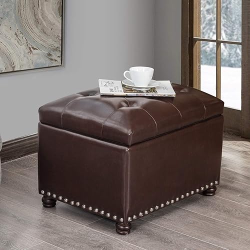 Miniatura 2 de Homebeez Banco otomano de almacenamiento copetudo, taburete reposapiés de piel sintética con parte superior de elevación y ribete de cabeza de clavo