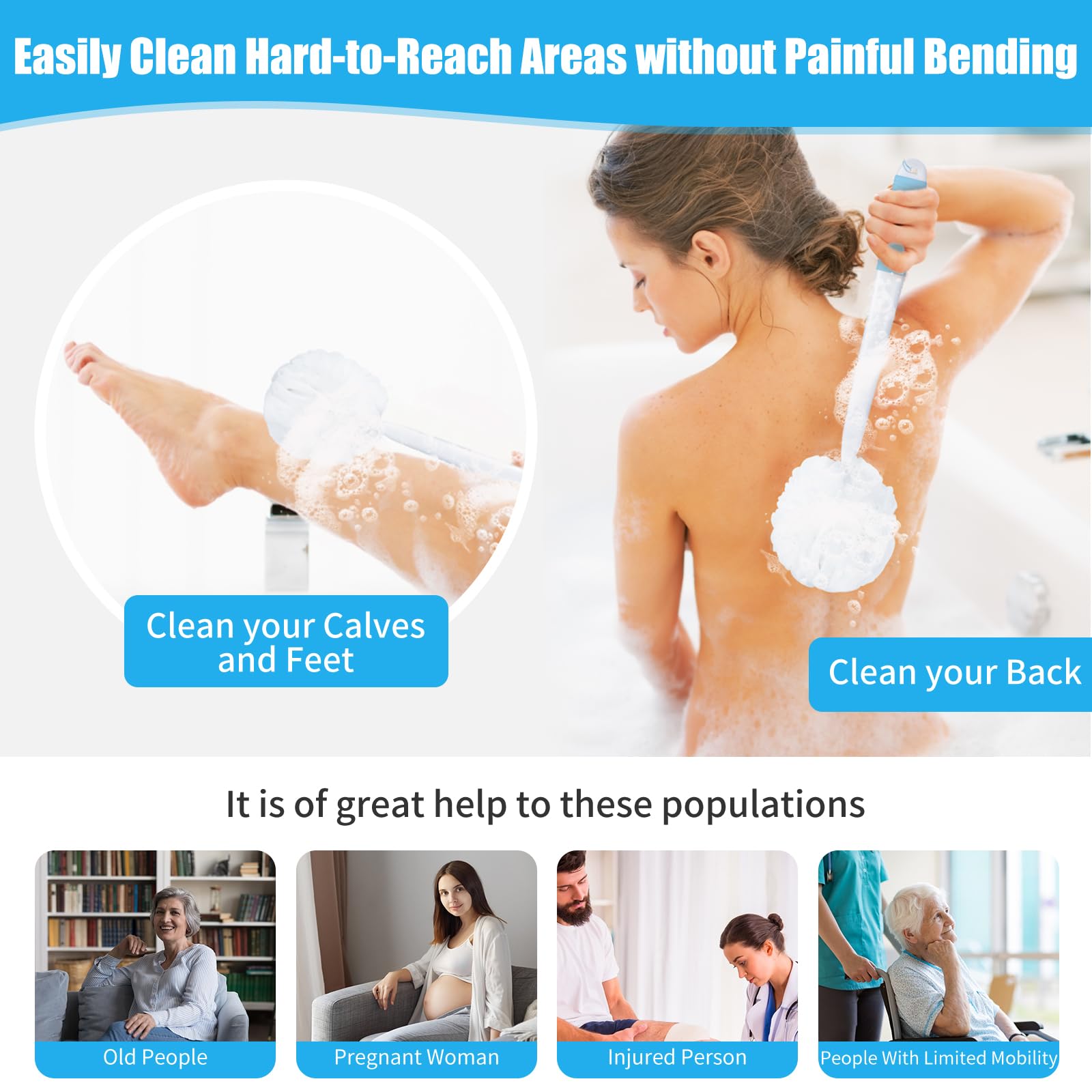VANZAVANZU Loofah zestaw gąbek do pleców pod prysznic, antypoślizgowy plastikowy uchwyt 43 cm, luffa na patyku z puszystą gąbką prysznicową, miękka siateczka, luffa prysznicowa, biała z niebieskim
