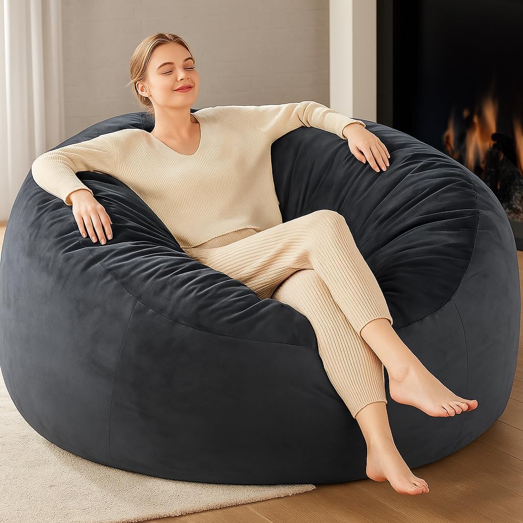 Codi Big Giant Bean Bag Chair with Filler Included, 5 FT - Comfy Large Beanbag Chairs for Adults - Machine Washable and Soft Mink Bonded Cover - Charcoal Grey, 5ft