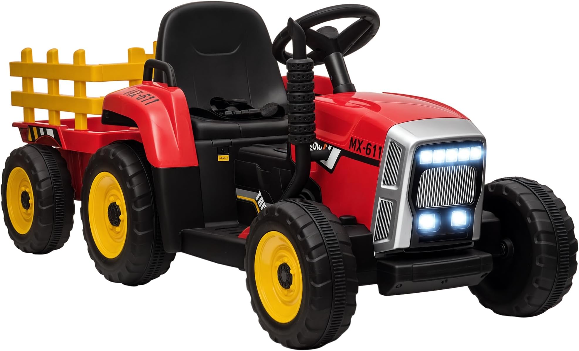HOMCOM Kids Electric Car, 12V Electric Ride on Tractor and Trailer with Detachable Trailer Remote Control, USB, Horn, Lights, Start-Up Sound, for Ages 3-6 Years, Red