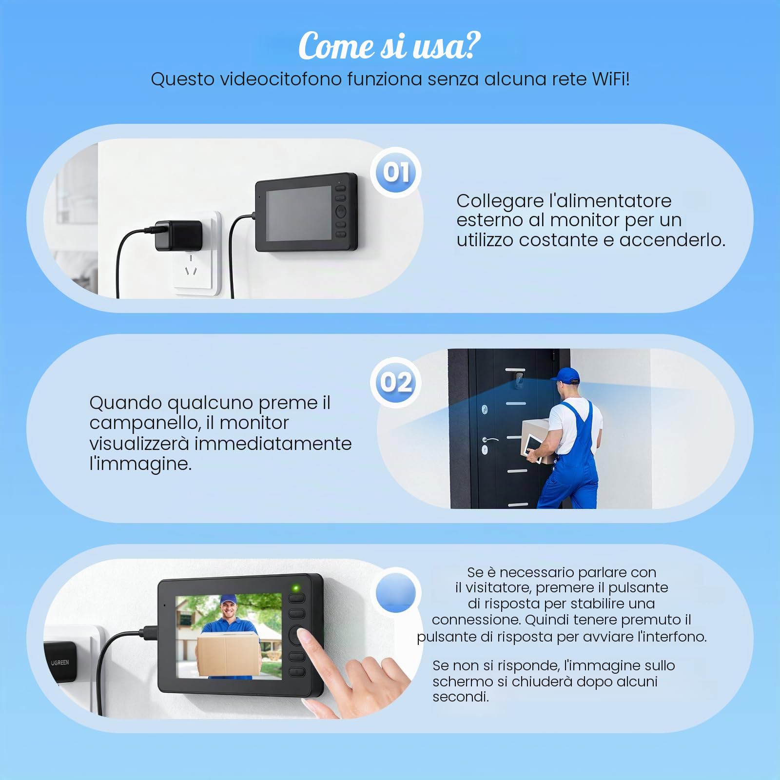 Campanello wireless con fotocamera, impermeabile IP65 per esterni, schermo HD 1080P da 4,3 pollici, videocitofono wireless 2,4G, audio bidirezionale, visione notturna, resistente alle intemperie