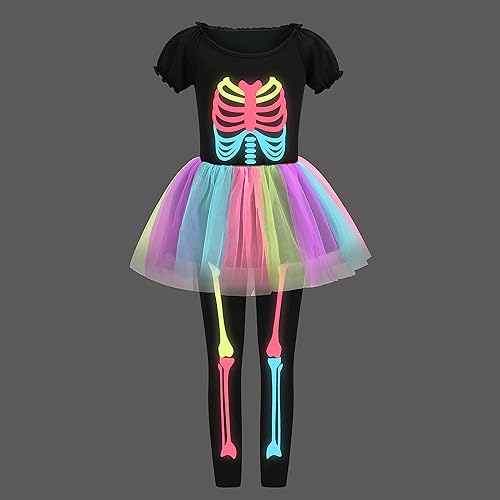 Miniatura 2 de LMOVEY - Disfraz de esqueleto para niñas, brilla en la oscuridad, vestido de tutú de huesos punk para niños