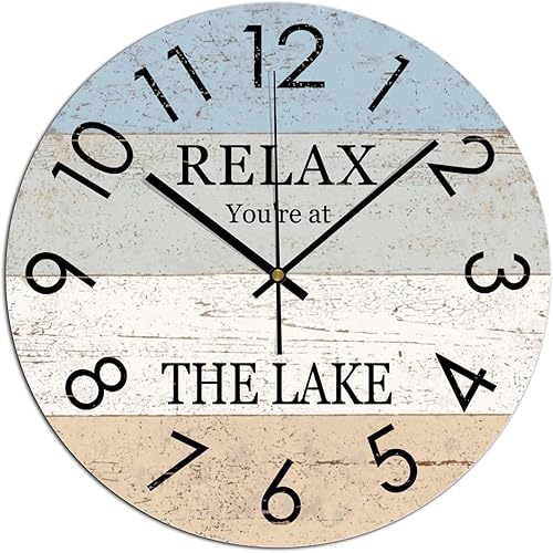 Reloj de pared redondo de madera Relax You're at The Lake funciona con pilas, reloj silencioso sin tictac de 12 x 12 pulgadas para decoración del