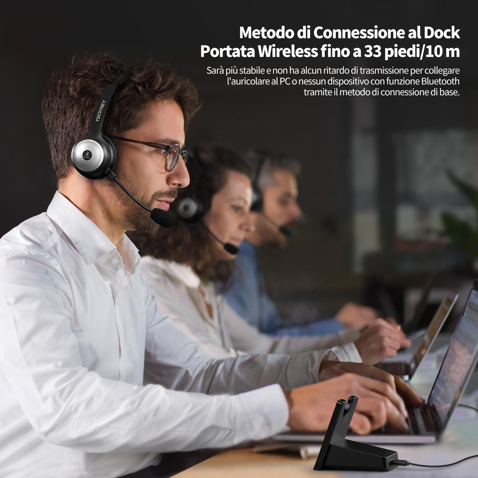 TECKNET Cuffie Bluetooth Senza Fili con Microfono, Cuffie Wireless per PC con Cancellazione del Rumore AI, Cuffie sull'orecchiocon Stazione di Ricarica, per Camionista, Ufficio, Call Center