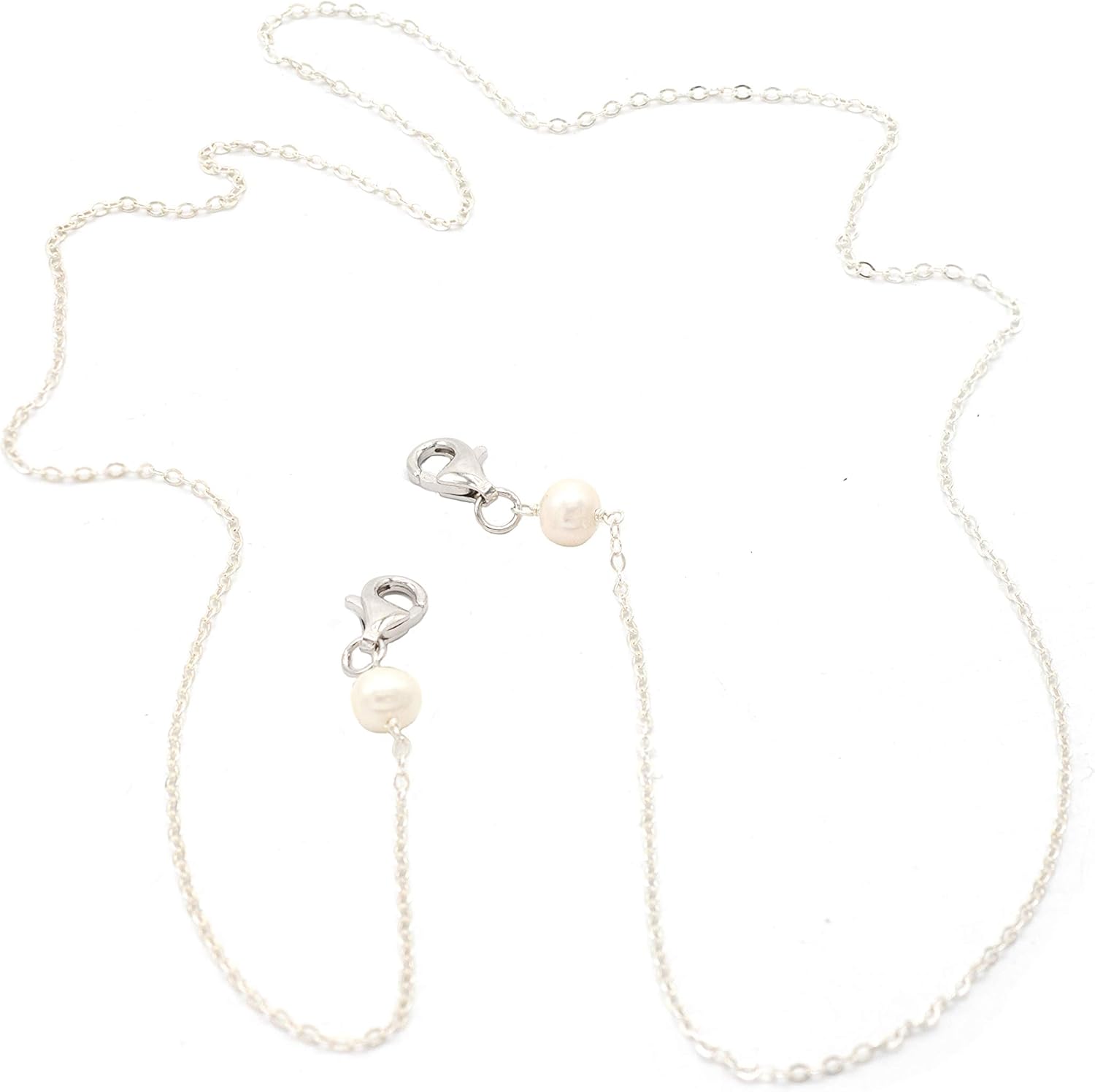 Sterling Silver and White Potato-shaped Cultured Freshwater (5.5-6mm) Pearl Mask Holder Chain, 24"