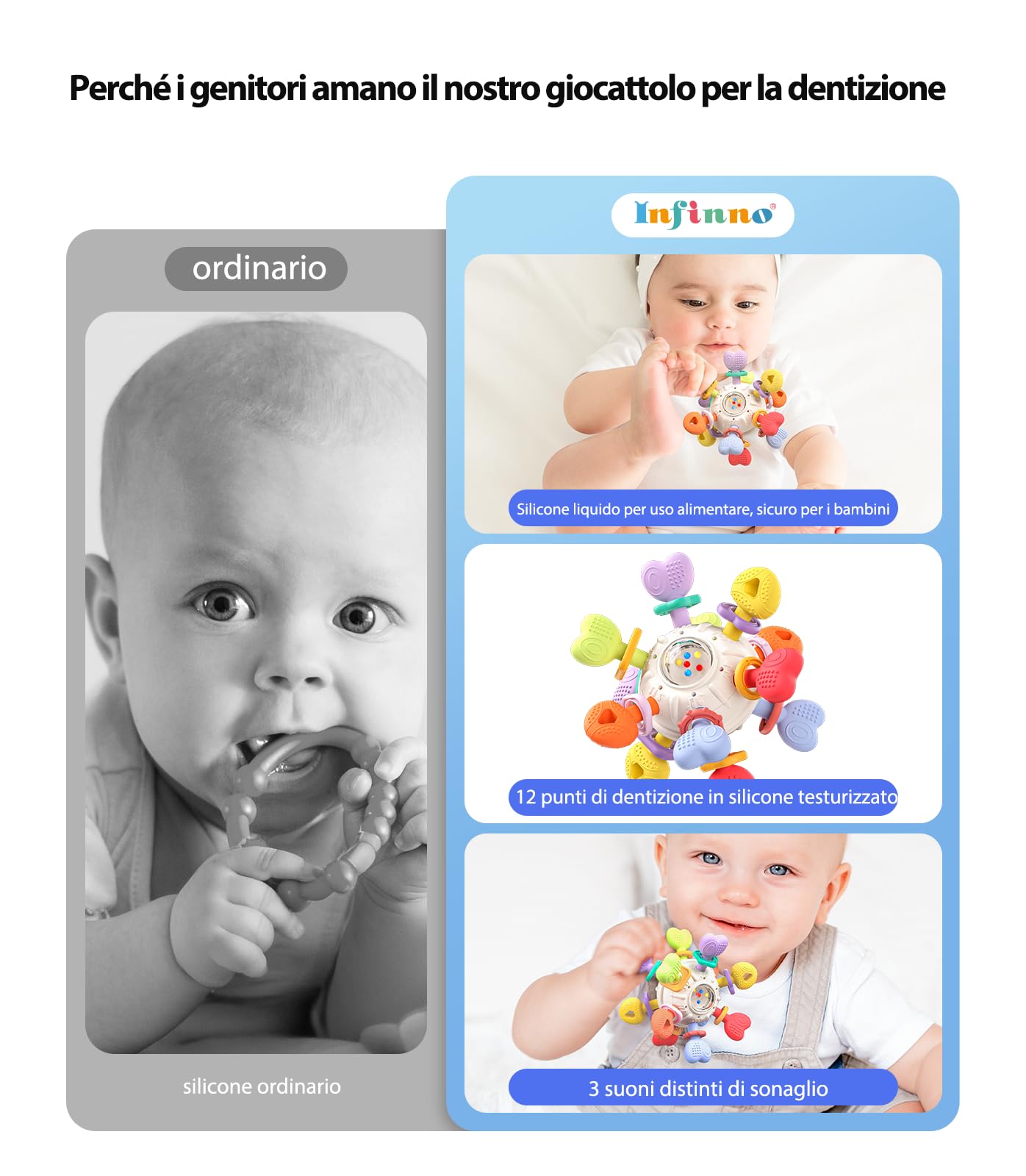 Infinno Sonaglio Dentizione Neonato 0-12 Mesi, Gioco Sensoriale Montessori in Silicone Alimentare