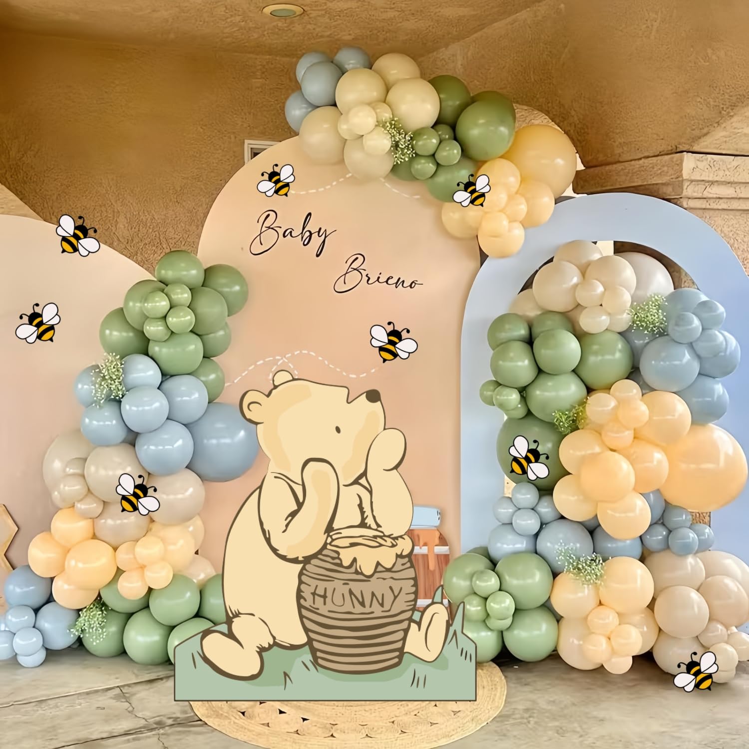 Photo 1 of 131PCS Classic Winnie Baby Shower Birthday Decorations Large Winnie Coroplast Cutout with Stand, Neutral Balloons Arch& Bee Stickers for Gender Reveal, First Birthday, Photo Props & Pooh Party