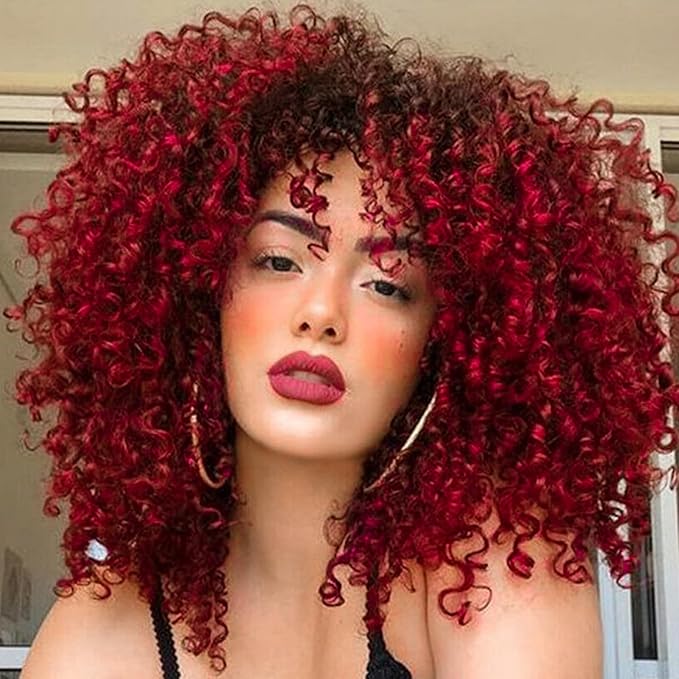 Top Curly Haircut Ideas for Women, Short Curly Hairstyles Xinran Omber Red Kinky Curly Wig Afro with Bangs,red and black Afro 70s Wigs for Women,Afro Synthetic Full Wigs Soft and Fluffy Like a Bomb 14 Inches Short Curly Hair