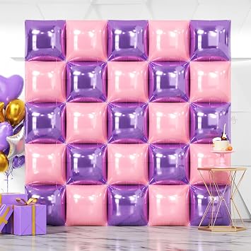 NISOCY 25PCS Pearl Pink Light Purple Square Foil Balloons Wall Backdrop