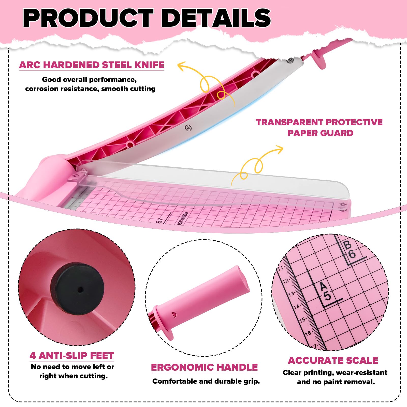 Papierschneider A4 (mit 5 Ordnern,12 Blatt,Schneidleistung A4/B5/A5/B6/B7) Hebelschneider Papierschneidemaschine Paper Cutter Geeignete Materialien Sind Dünne Bleche Leder Fotos (Rosa, A4)