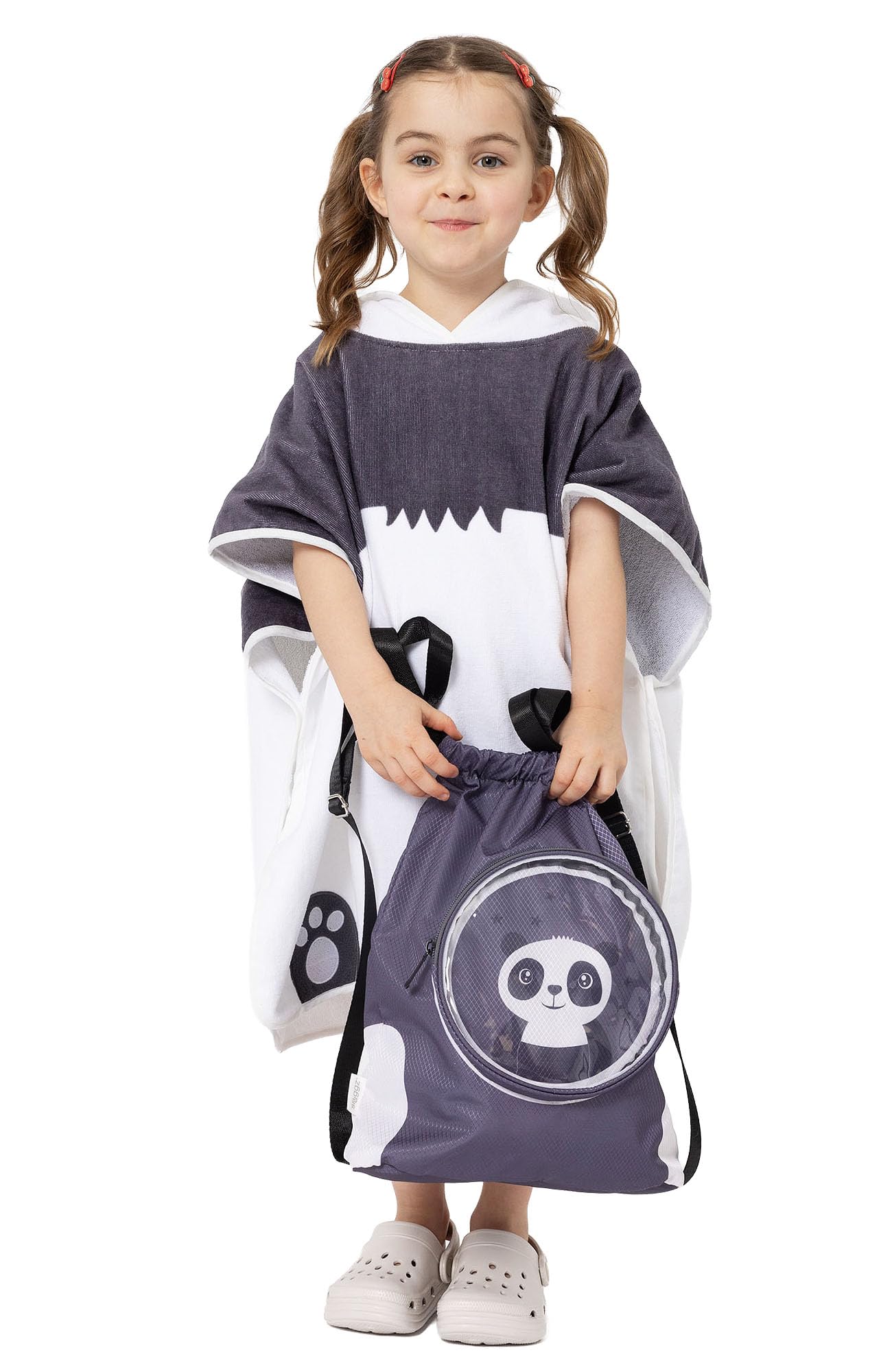Snuggz Towelling Beach Kids Poncho, Charcoal Ivory & Panda Design with Swim Bag - Soft Cotton Poncho Towels for Kids with Hooded Beach Wrap - Ideal Cover Up for Swimming Holidays & Parties