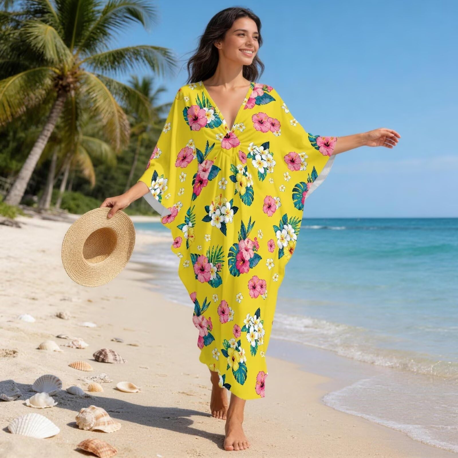 Poceacles Tropikalna sukienka kaftan z kwiatowym nadrukiem dla kobiet plus size strój kąpielowy okrycie letnie okrycie plażowe hawajska sukienka