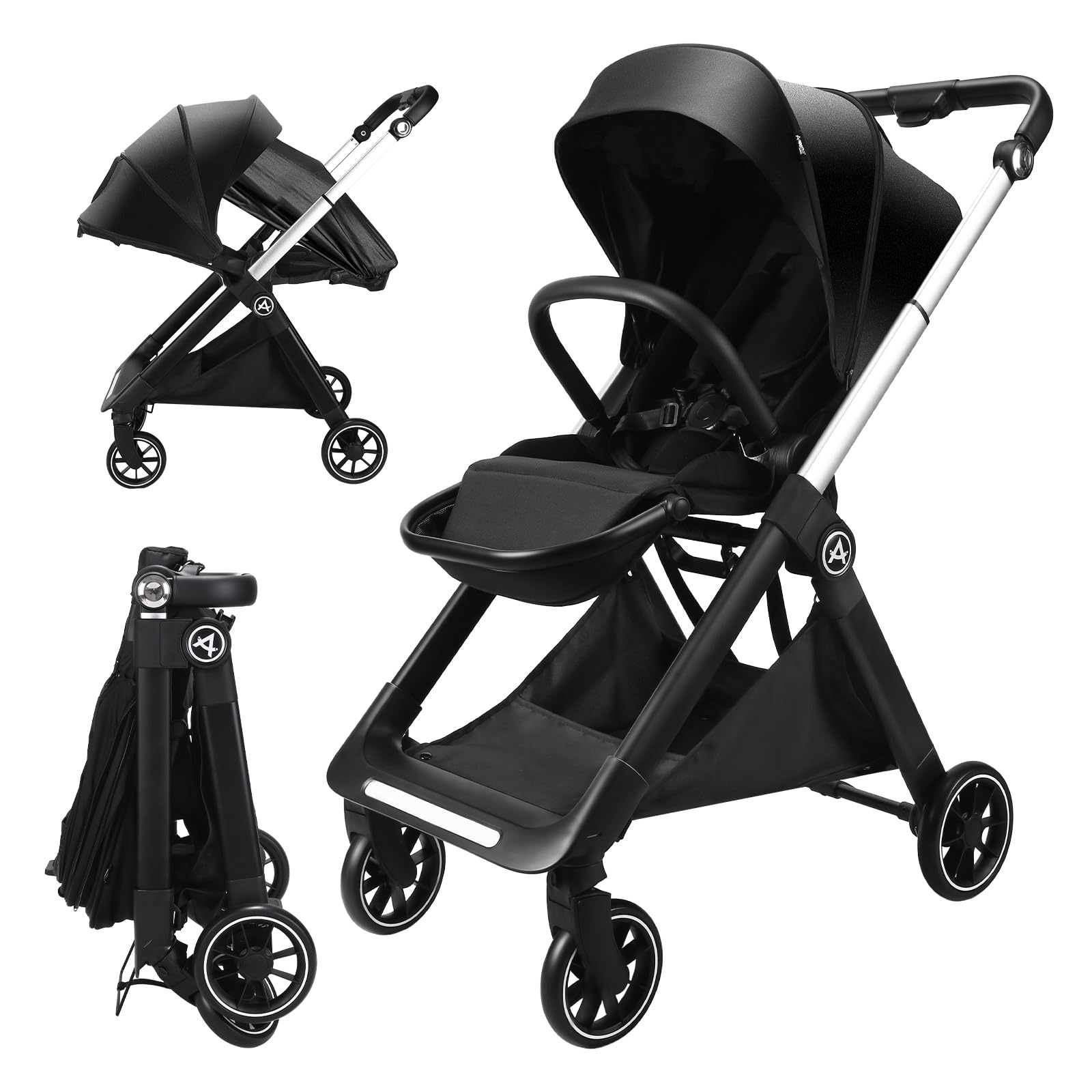AOODIL Reversible Baby Stroller, Foldable Toddler Pushchair with Reversible  Seat, Hidden Foot Cover Sleep Shade, 4-Wheel Shock- Absorbing, Infant