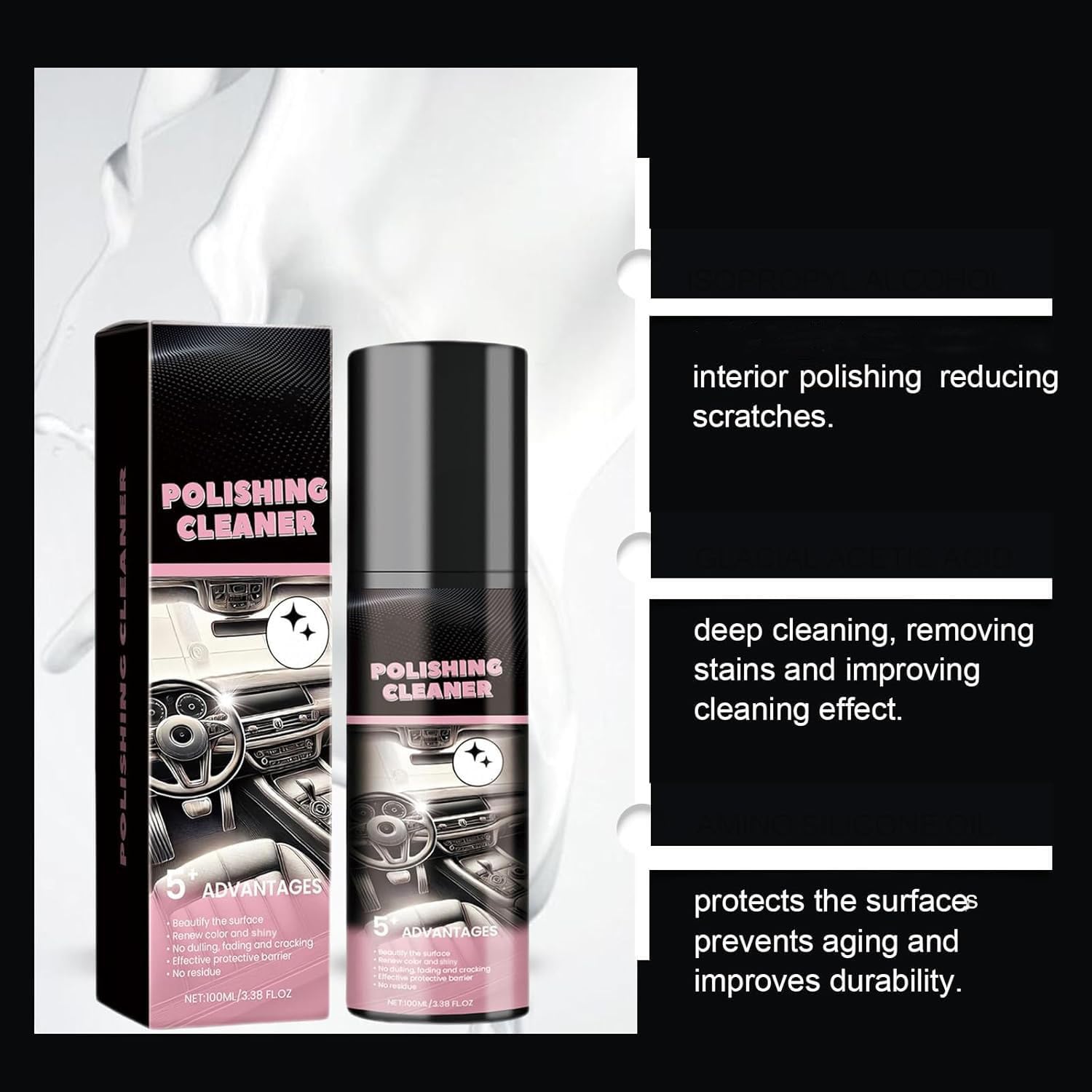 Polierreiniger Auto Interieur - Wasserloses Spray -Wachs, Innenraum des Autos Protection Spray, Autoflecken Entfernen Innenräume, Details, Kunststoff, Gummi -Lederreiniger (4PCS)