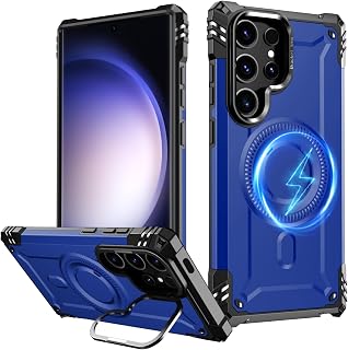 FUNMIKO for Samsung Galaxy S23 Ultra Case,Wireless Charging Compatible,Built-in Hidden Metal Kickstand,Military-Grade Shockproof Protective Phone Cover for Men Women Girls,Blue