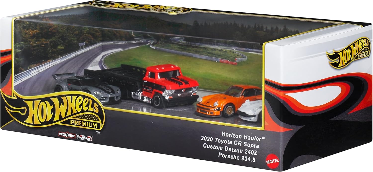 Hot Wheels Premium, Set of 3 Collector Toy Vehicles and 1 Team Transport Vehicle in 1:64 Scale